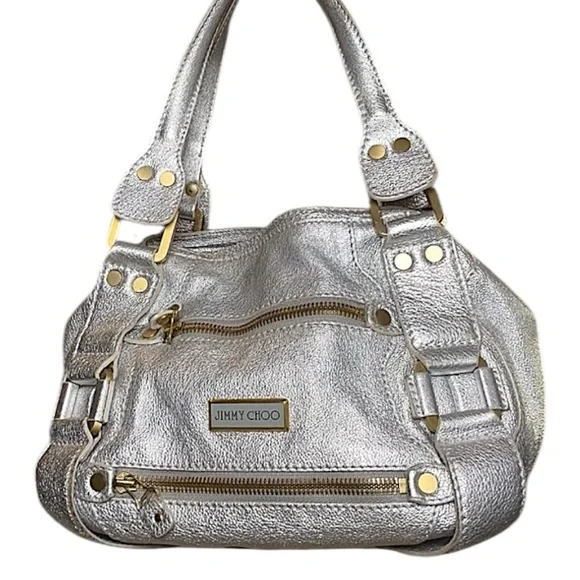 Jimmy Choo Mahala Tote Metallic Silver Leather Gold Hardware Shoulder Bags